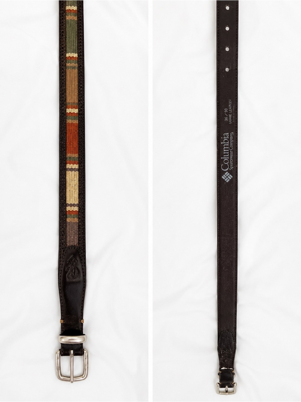 Columbia Men's Dark Brown Leather Belt with Multicolor Woven Stripe